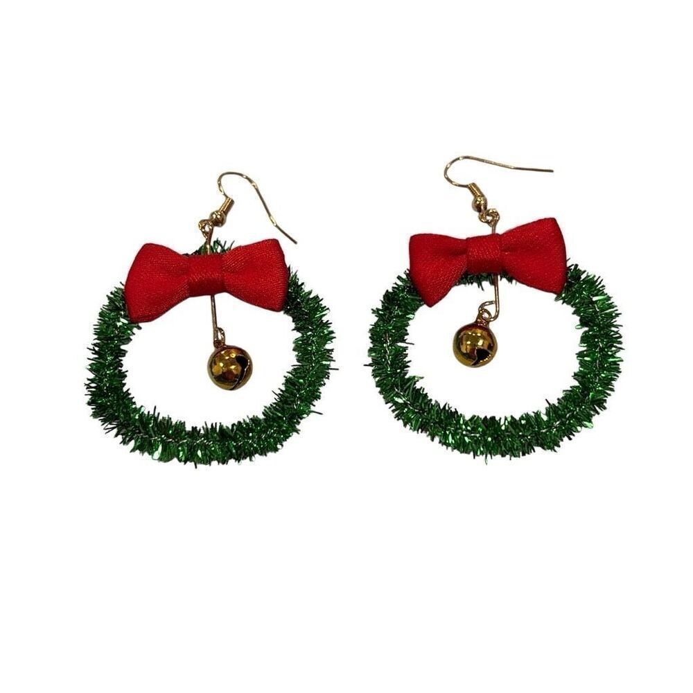 Christmas‎ Wreath Bell Bow Earrings Glitter Dangle Earrings Sparkly Holiday NEW